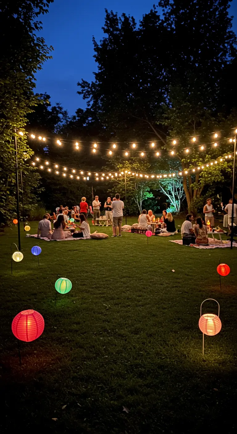 Fête en plein air avec des guirlandes lumineuses et des lampions solaires colorés sur la pelouse.