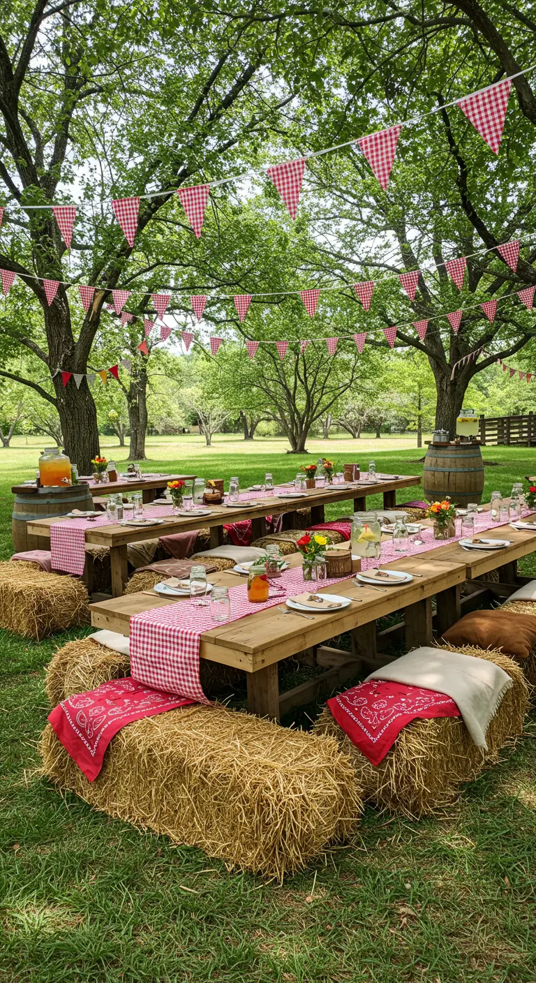 Fête en plein air avec longues tables en bois, nappes à carreaux, bottes de foin et guirlandes rouges.