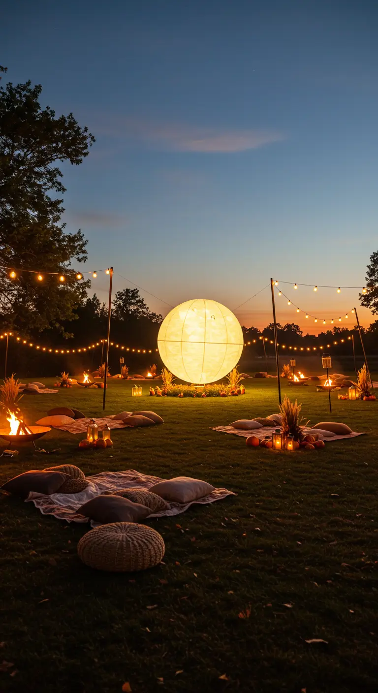 Grand événement extérieur d'automne avec sphère lumineuse géante, brasiers et guirlandes.