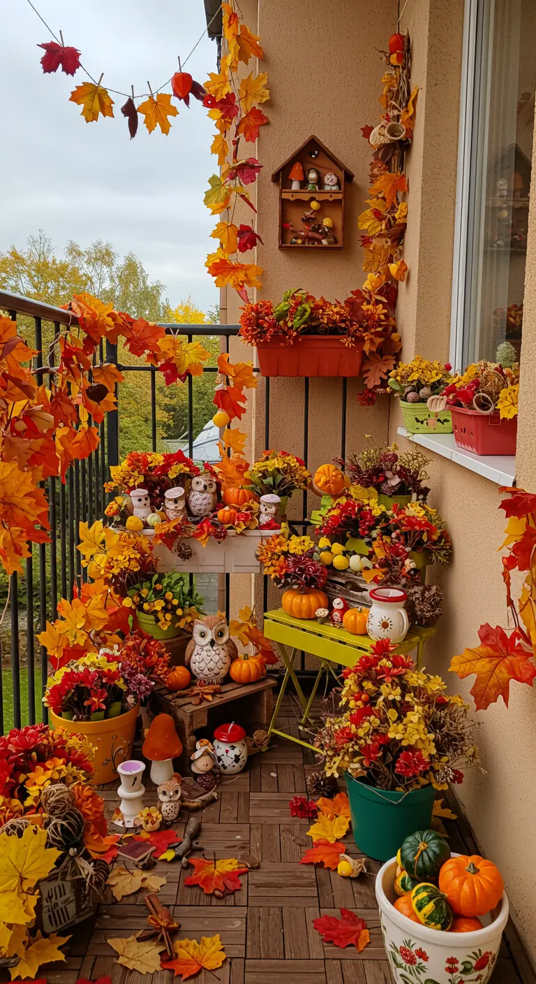 Balcon débordant de chrysanthèmes, citrouilles miniatures, décorations chouettes et guirlandes de feuilles.