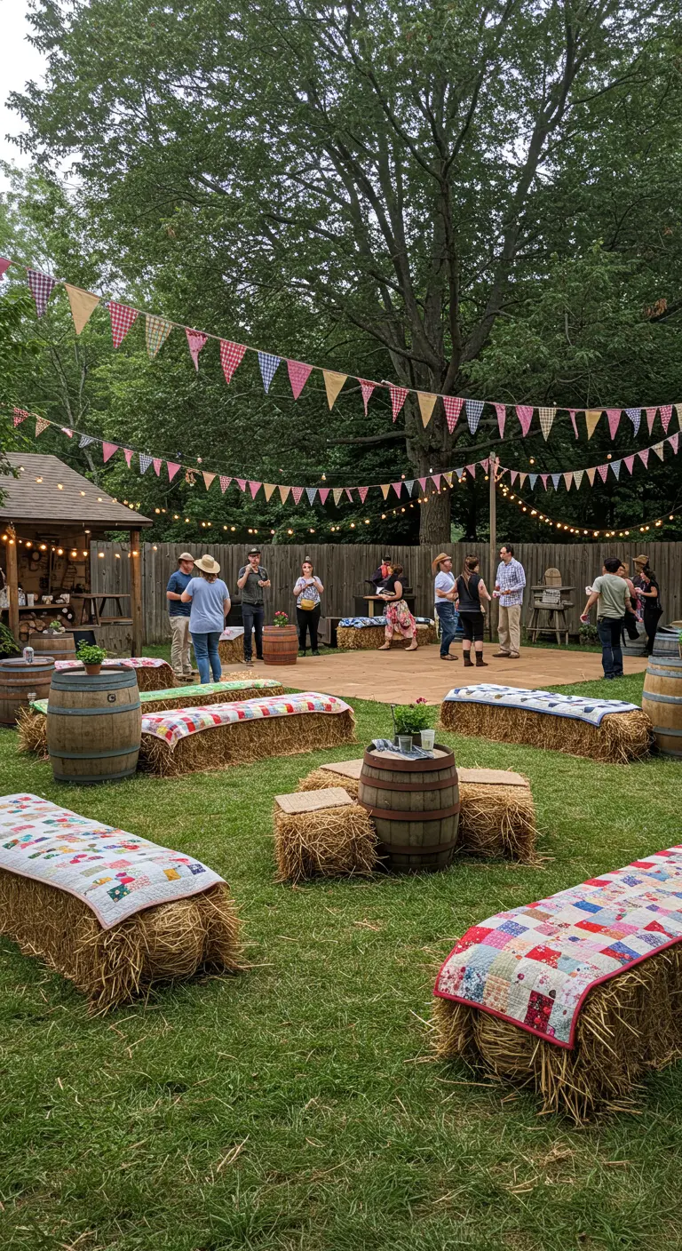 Fête de jardin avec piste de danse, bottes de foin et plaids patchwork, tonneaux et guirlandes.