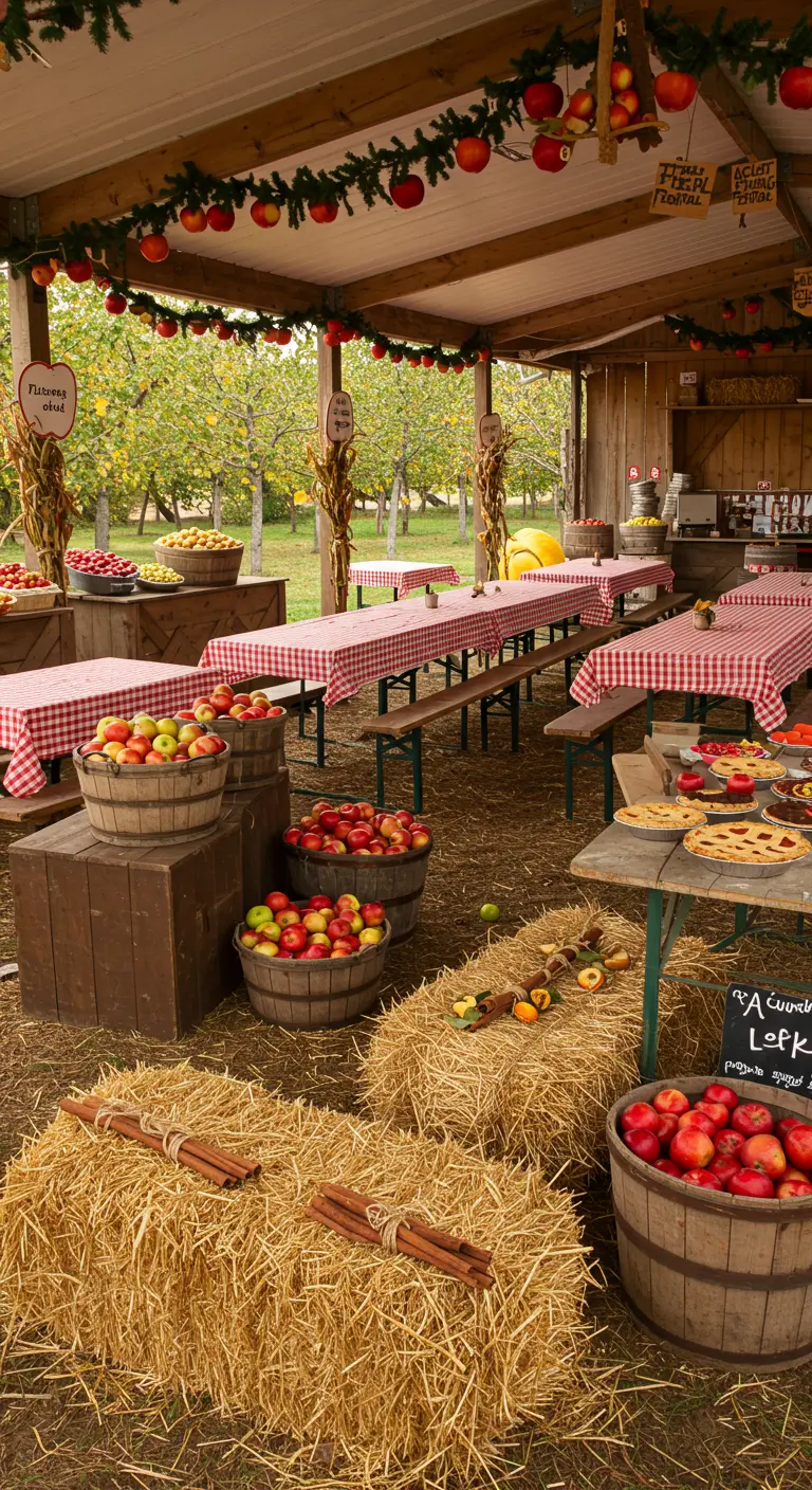 Festival des pommes avec tonneaux remplis de fruits, bottes de paille et nappes à carreaux.