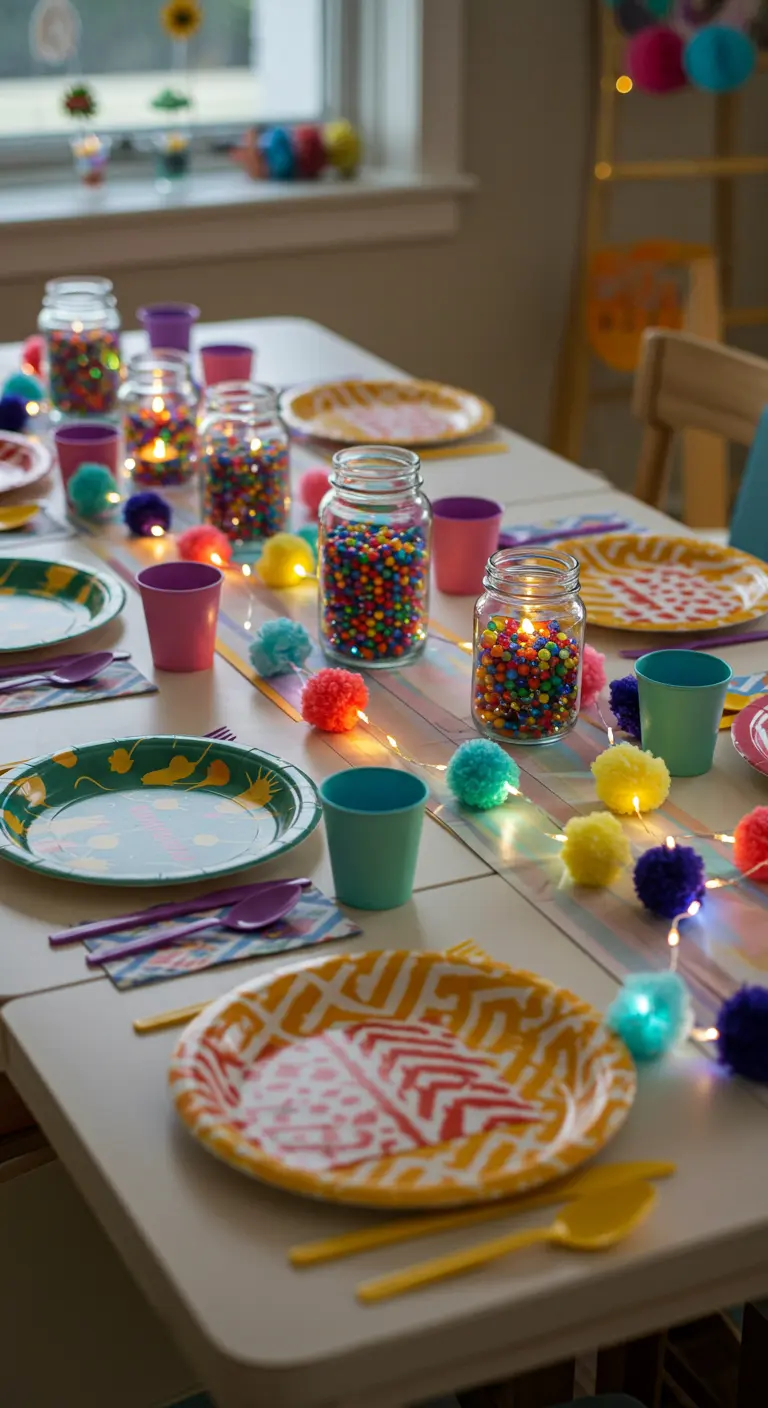 Table d'anniversaire enfantine avec pots de bonbons, bougies, pompons et guirlande lumineuse.