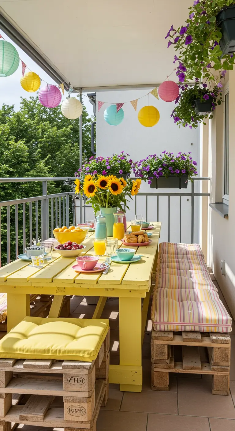 Balcon lumineux avec une grande table en palettes jaune, bancs, lampions colorés et bouquet de tournesols.