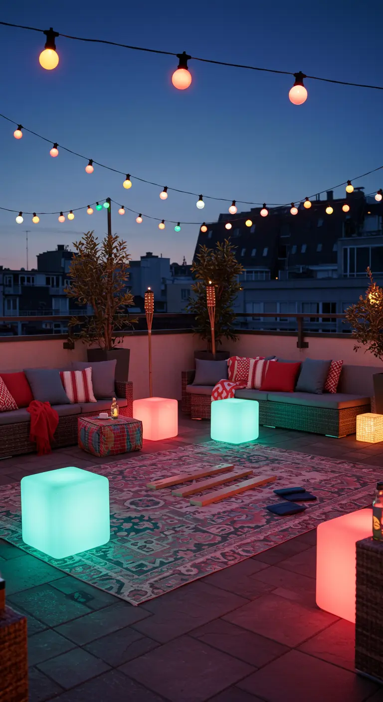 Rooftop festif avec guirlandes colorées, cubes lumineux, torches tiki et tapis à motifs.