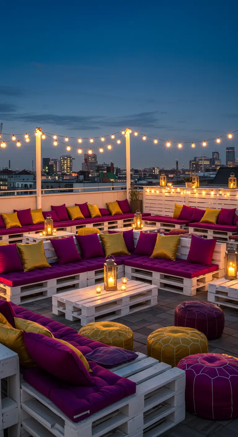 Grand salon en palettes blanches avec coussins violets et jaunes sur un toit-terrasse urbain.