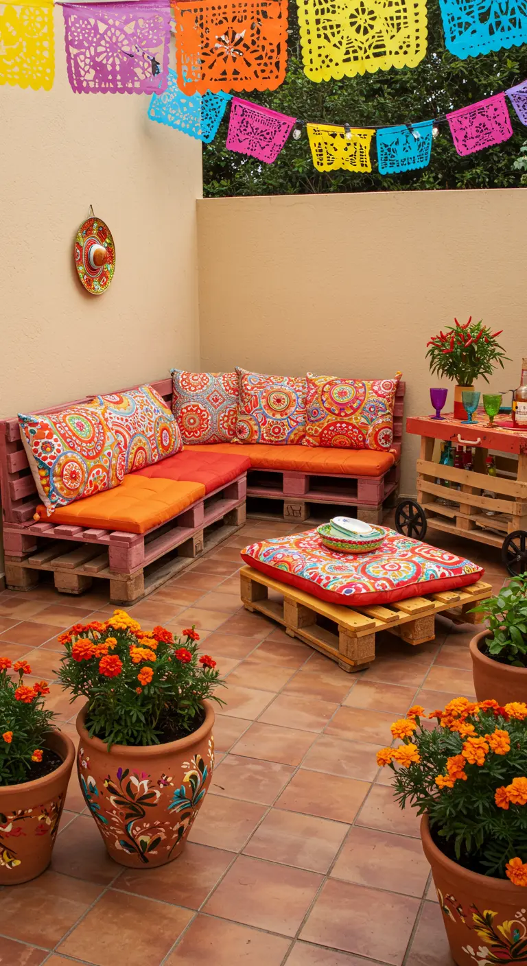 Salon de jardin palettes roses, coussins orange/rouge motifs, bar mobile, pots décorés mexicains.