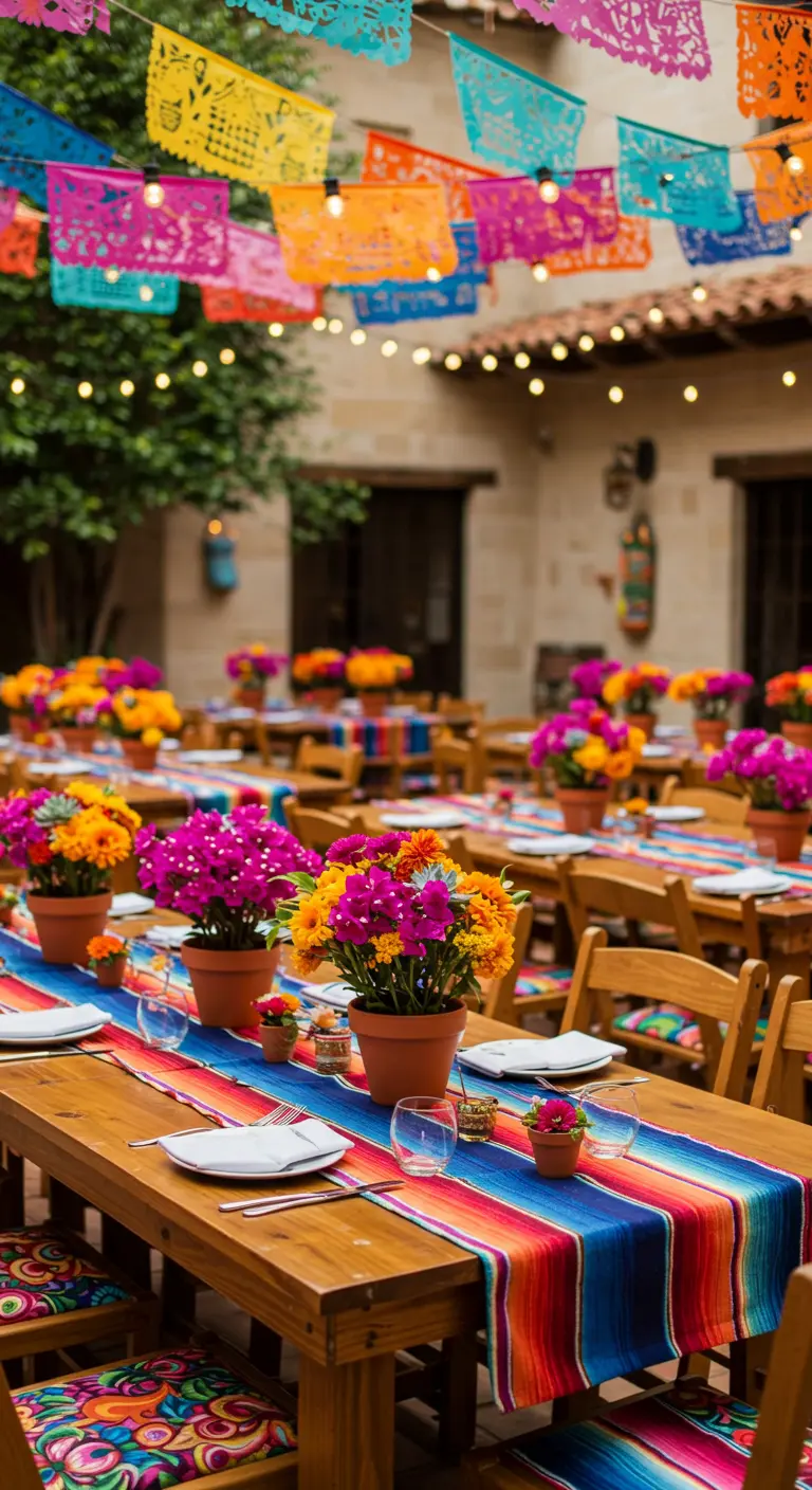 Tables de mariage de style mexicain avec couronnes de fleurs colorées et drapeaux papel picado.