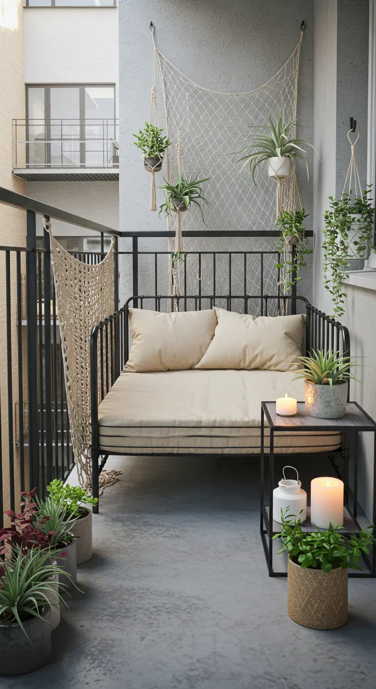 Balcon avec un filet décoratif en macramé suspendu, un banc en métal et des plantes.