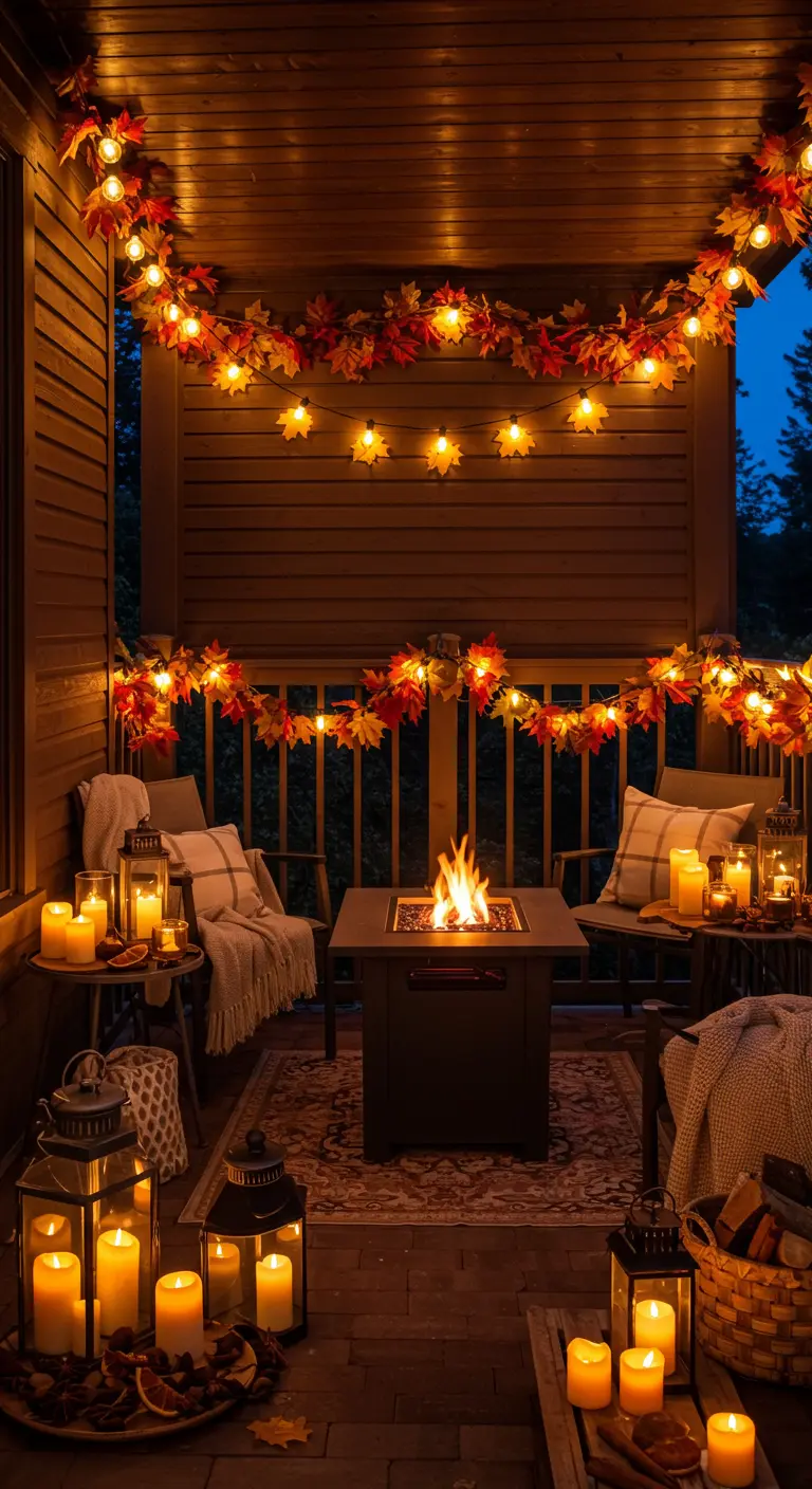 Terrasse cosy avec brasero, fauteuils, plaids, nombreuses lanternes, bougies et guirlandes lumineuses.