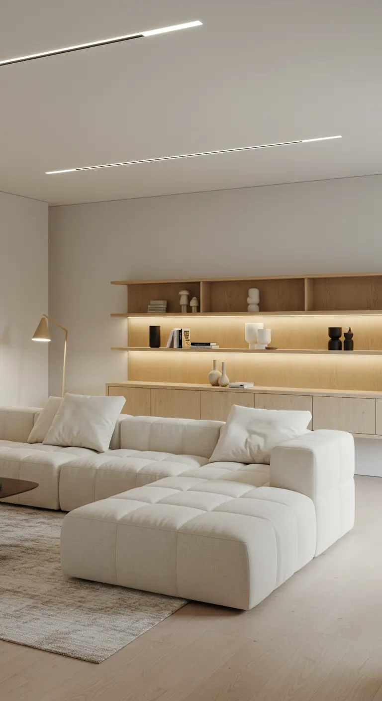 Salon modulable avec canapé crème, étagères bois clair éclairées, lumières linéaires au plafond.