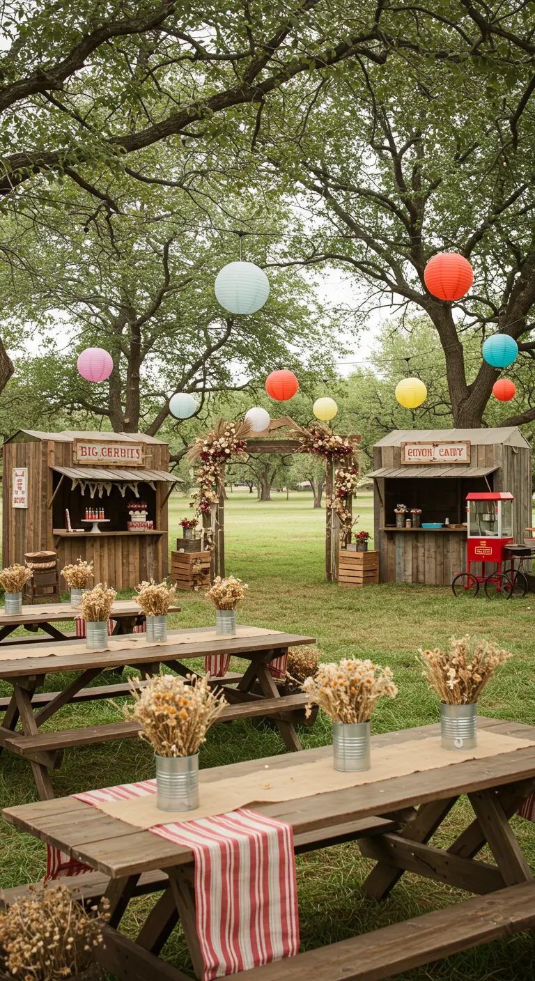 Fête en extérieur avec stands de nourriture, tables de pique-nique, lampions colorés et bouquets de blé.