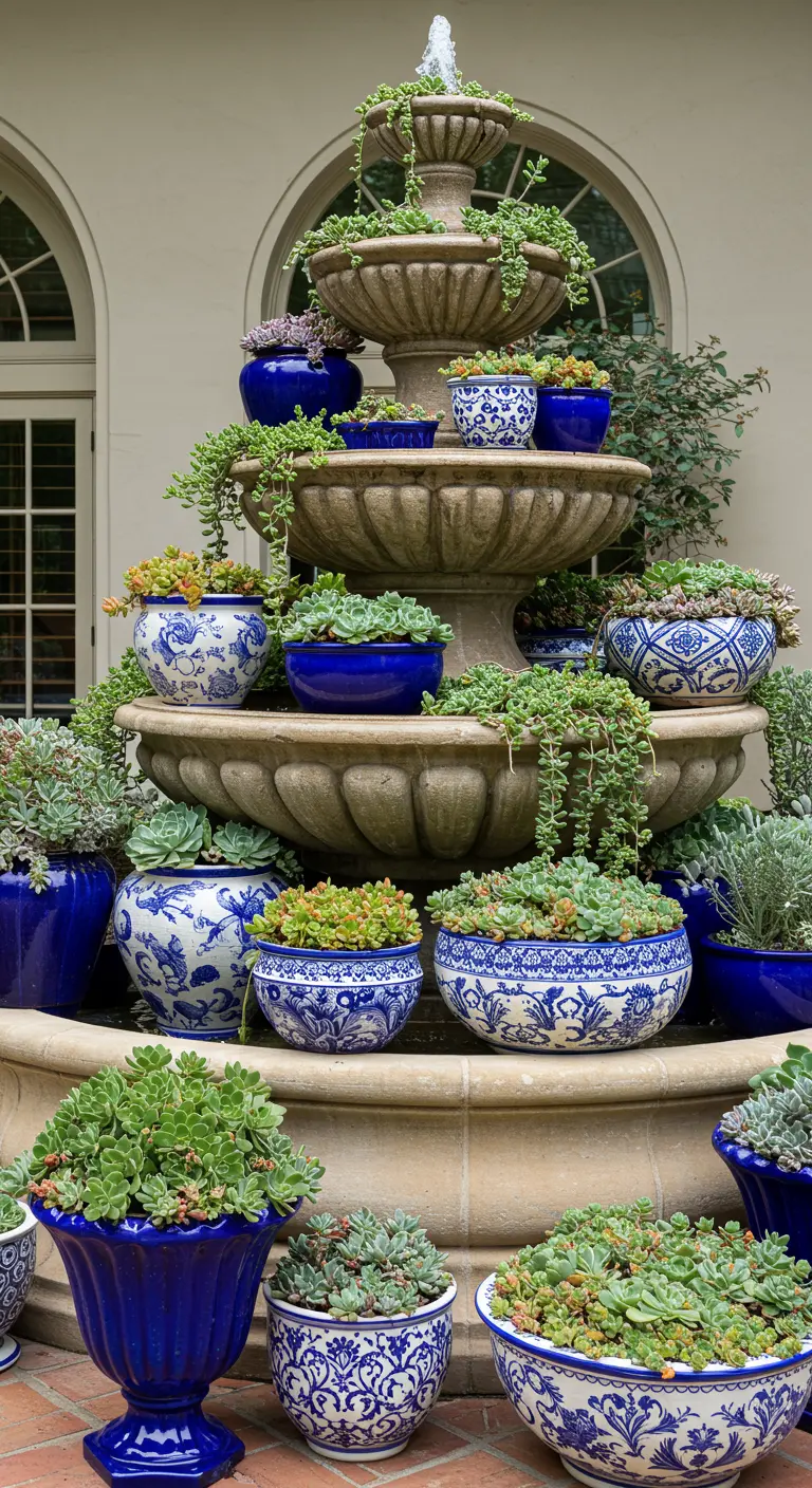 Fontaine à paliers décorée de nombreux pots bleus et blancs à motifs avec des succulentes.
