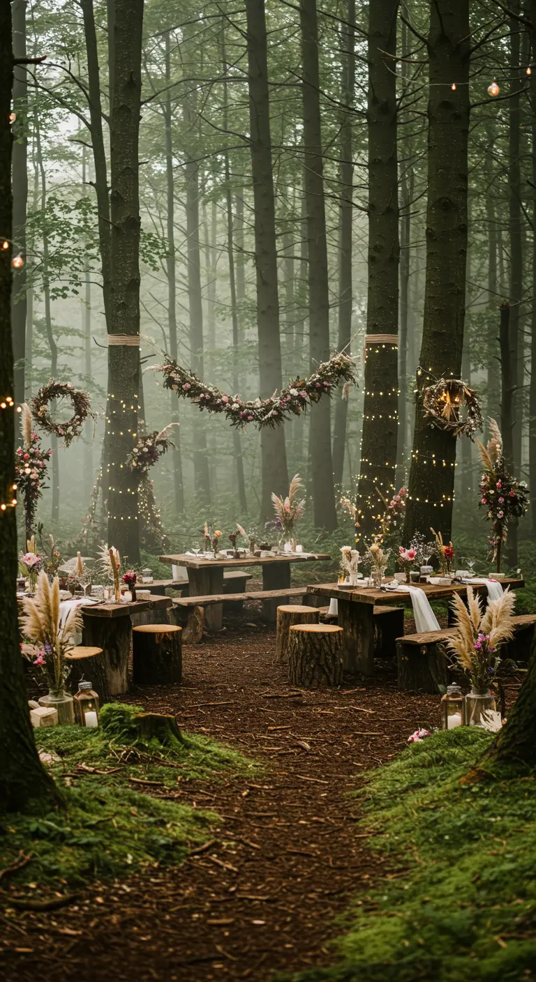 Repas en forêt avec tables en bois, sièges en rondins, guirlandes lumineuses et décorations florales.