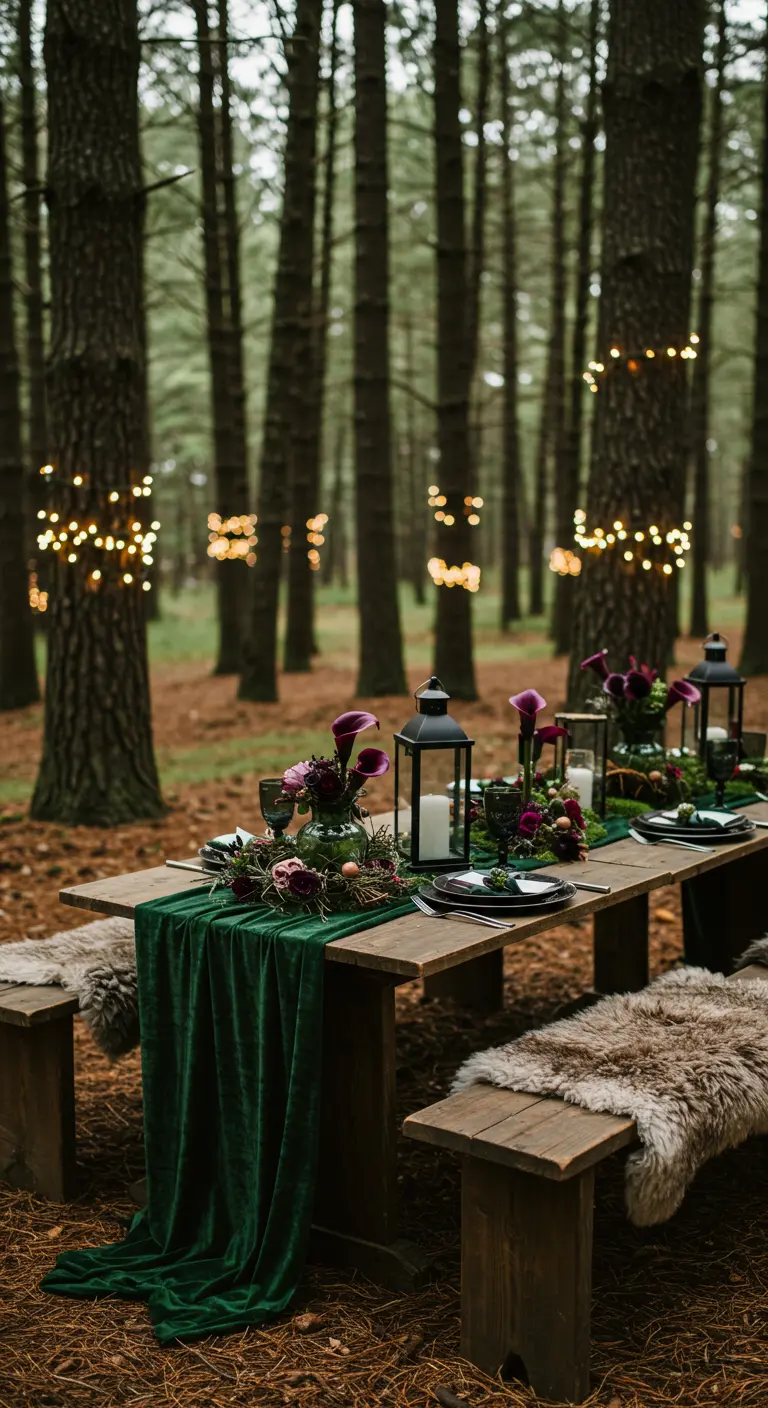 Table de mariage en forêt avec couronnes de feuillage, lanternes et bougies.