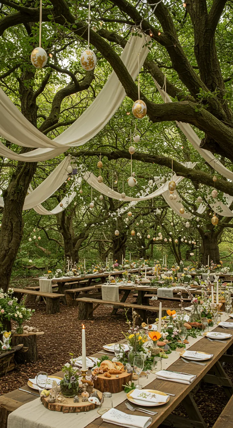Banquet en forêt avec longue table rustique, drapés, bougies et œufs dorés.