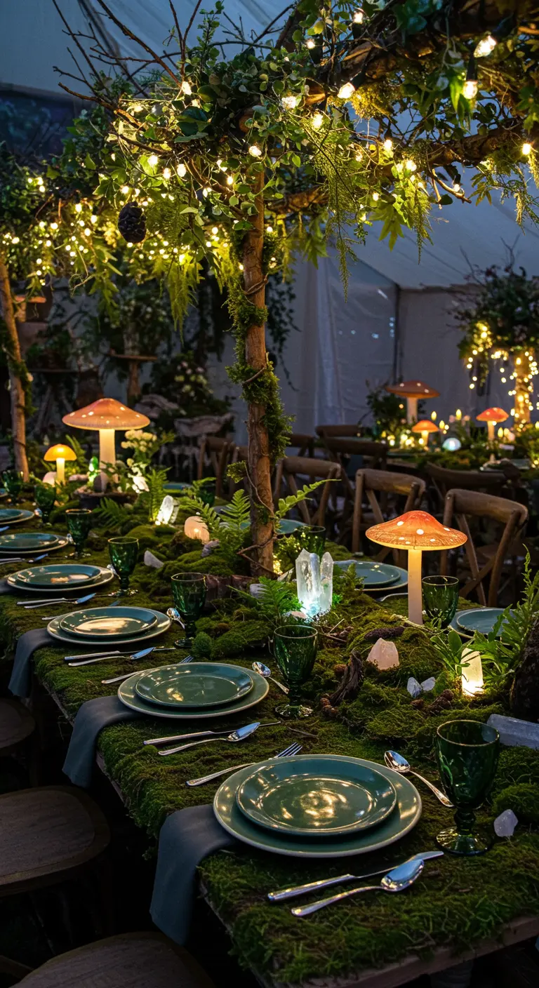 Table de dîner thématique forêt enchantée avec un chemin de table en mousse, des champignons lumineux et des guirlandes lumineuses.
