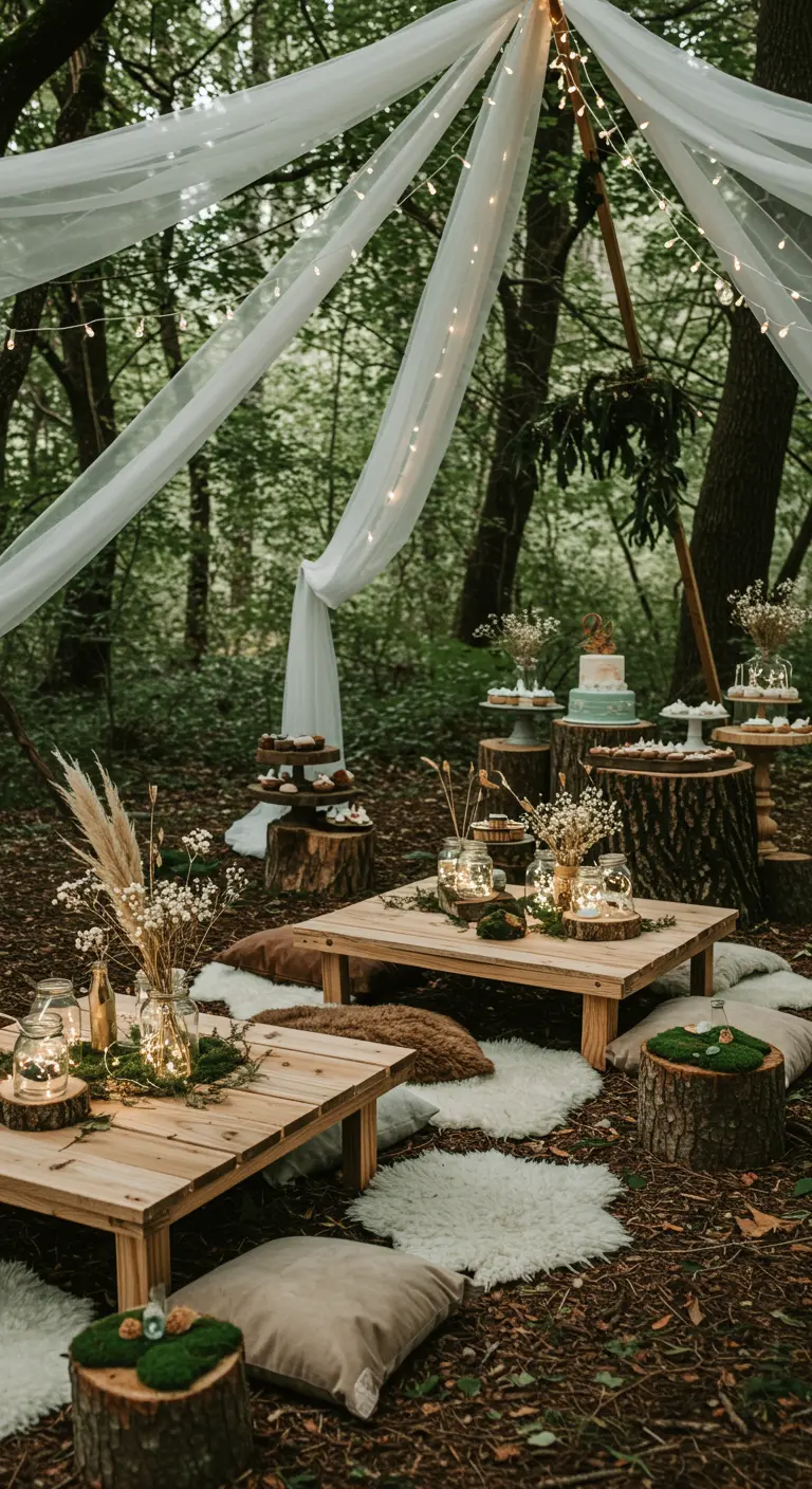 Pique-nique bas en forêt avec voiles blancs tendus, guirlandes lumineuses, rondins de bois et tapis clairs.