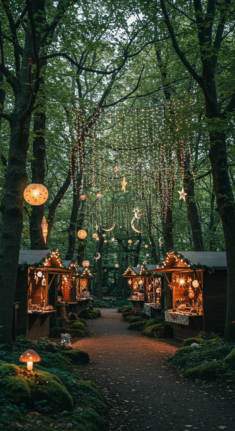 Sentier forestier avec des chalets de marché illuminés, décoré de guirlandes lumineuses, lunes et étoiles suspendues aux arbres.