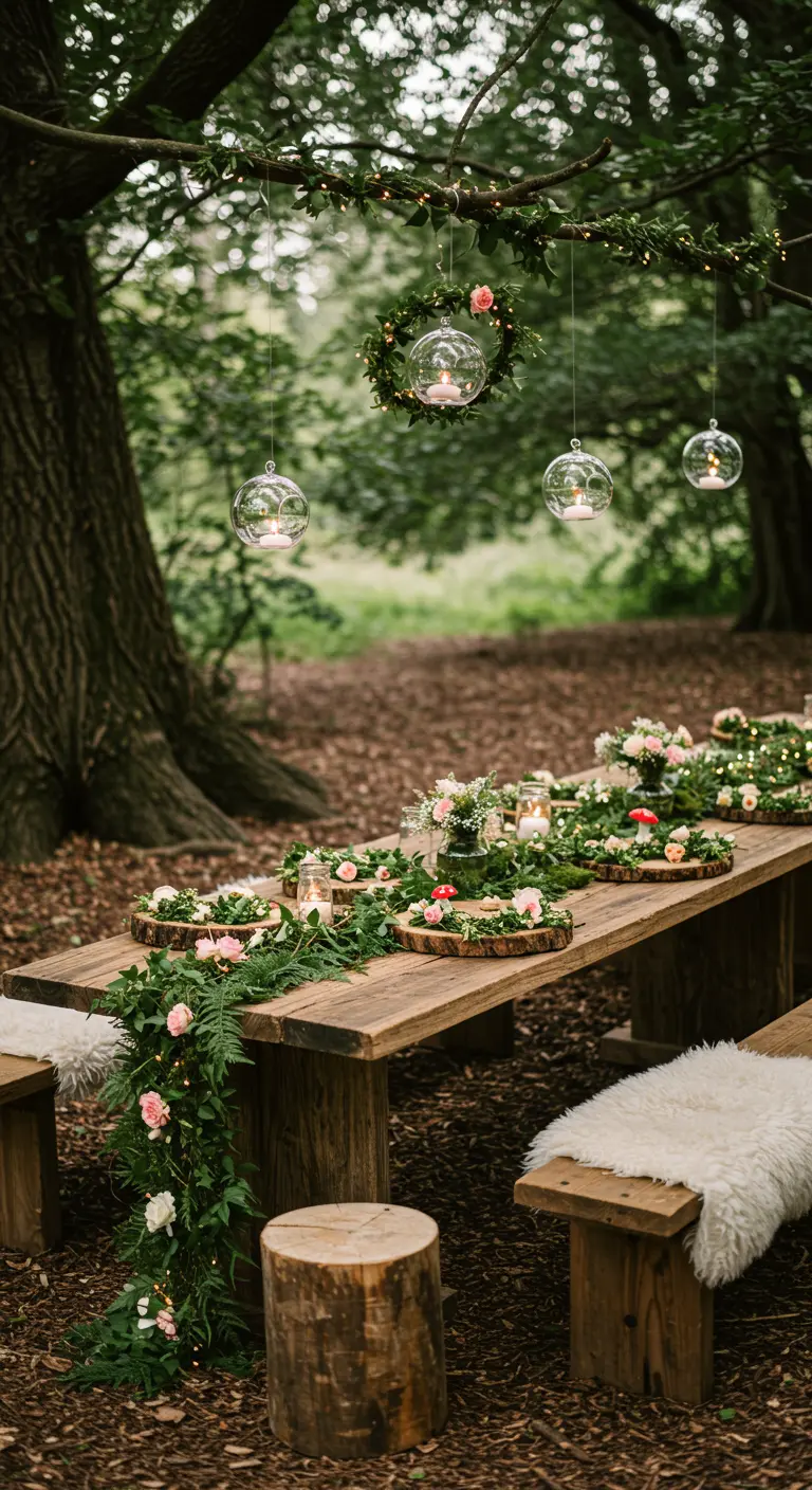 Table de mariage en forêt avec couronnes de fougères, rondins de bois et bougies suspendues.