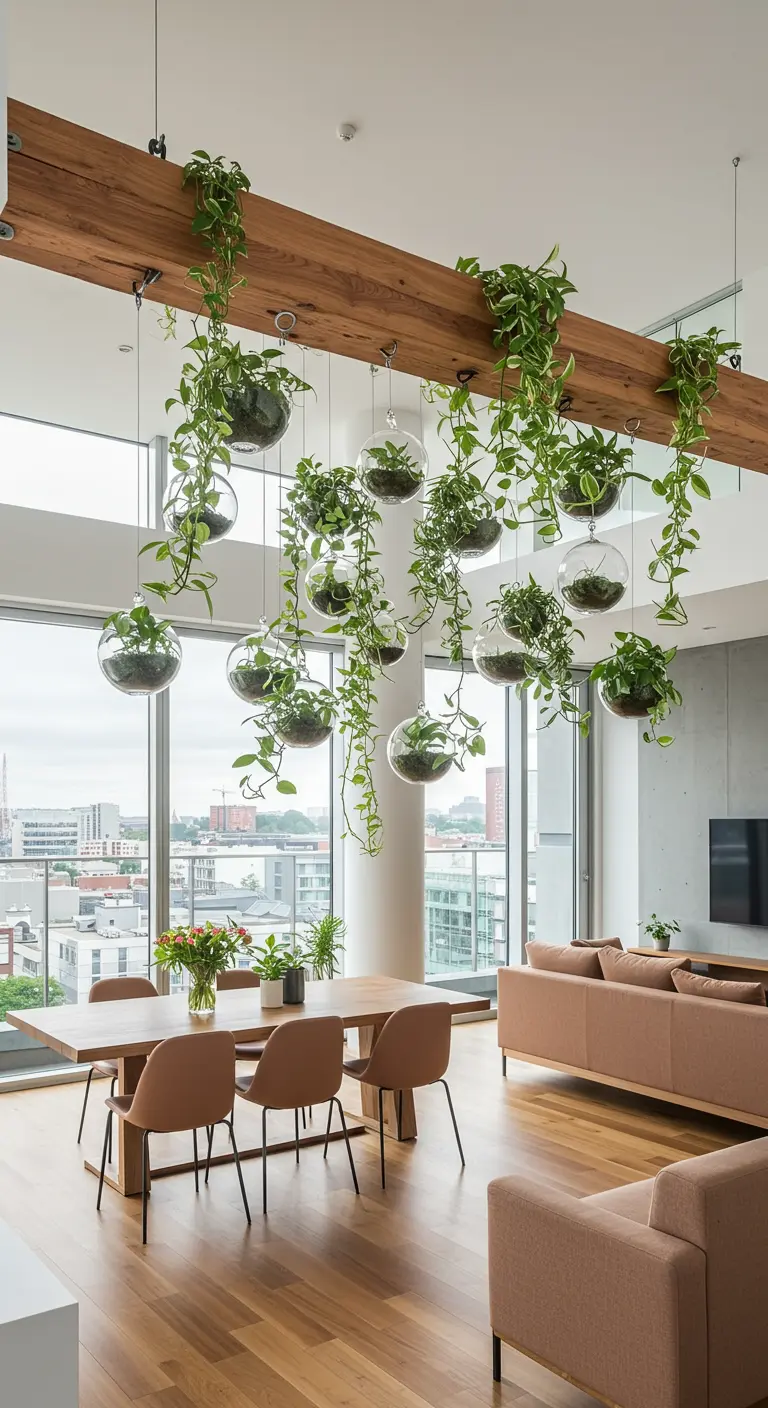 De nombreuses plantes retombantes dans des globes de verre suspendus à une poutre en bois dans un salon.