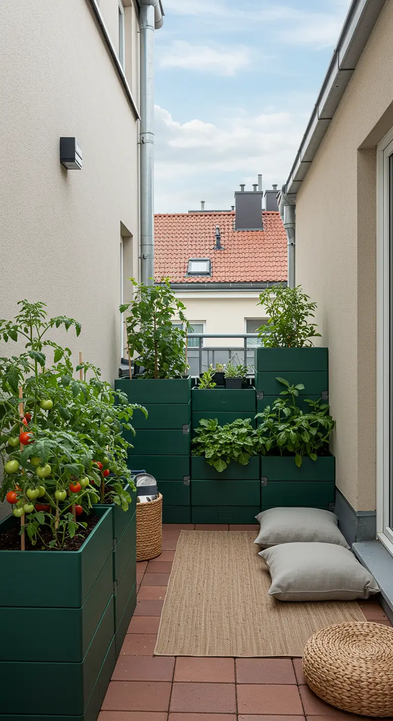 Jardinières modulaires vert foncé empilables sur un balcon, avec tapis et coussins au sol