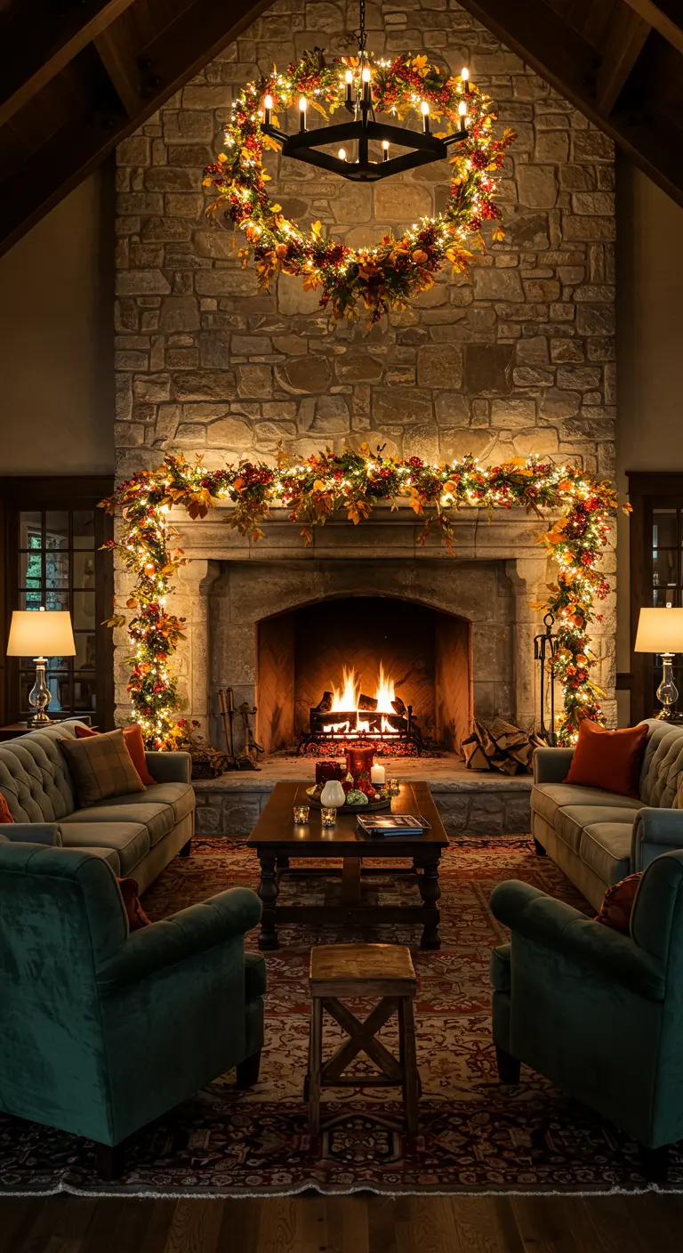 Grand salon avec cheminée en pierre décorée de guirlandes lumineuses et d'une couronne florale.