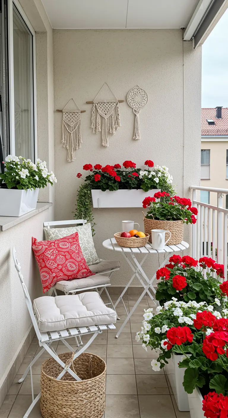 Balcon blanc avec géraniums rouges et blancs, décor mural macramé et ensemble bistrot.