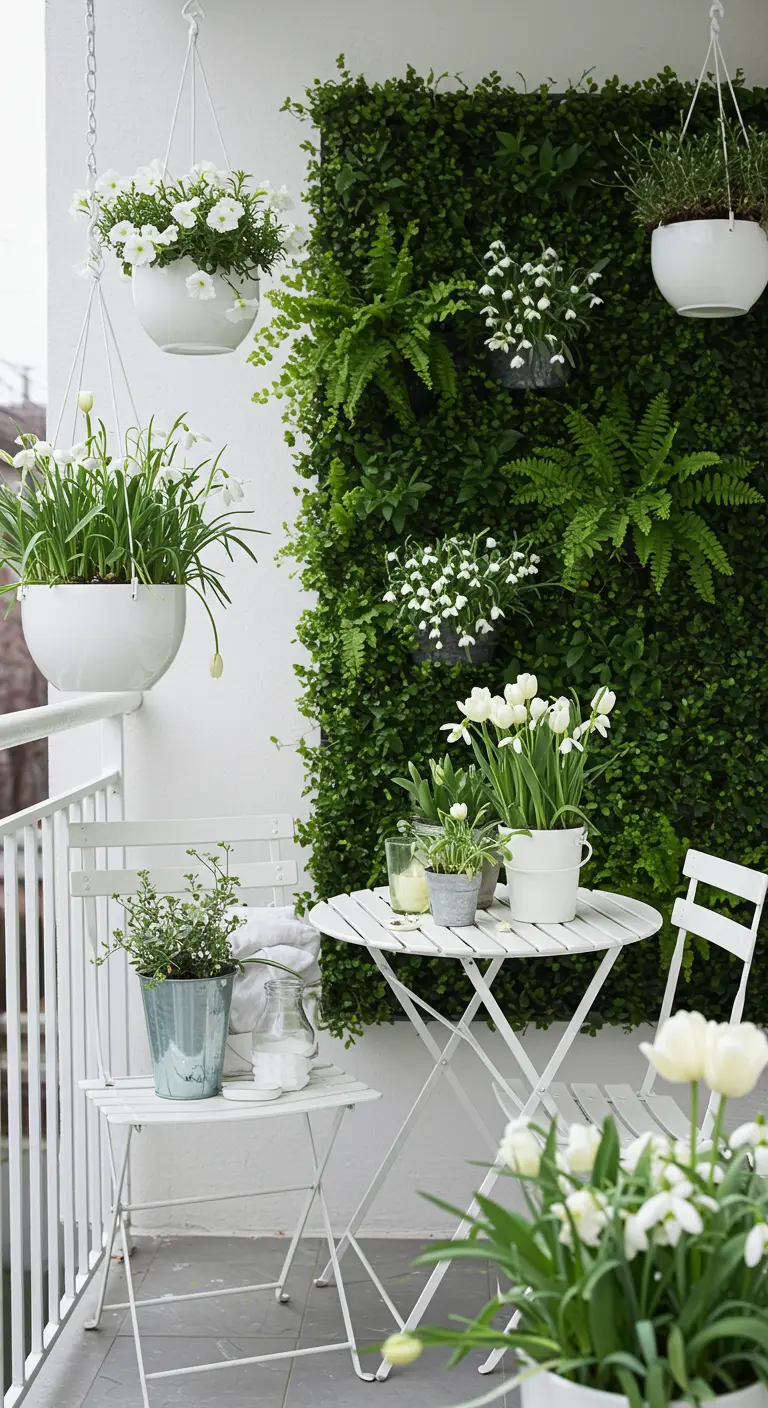 Balcon frais avec un mur végétal vert, des suspensions de fleurs blanches et un ensemble bistro blanc.
