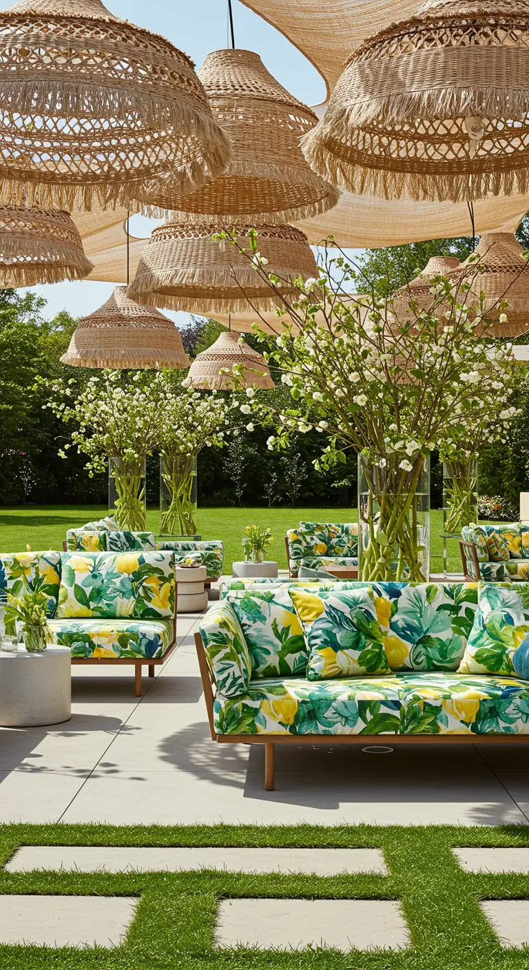 Terrasse spacieuse avec canapés à motif citron, grandes suspensions en osier et bouquets de fleurs blanches.