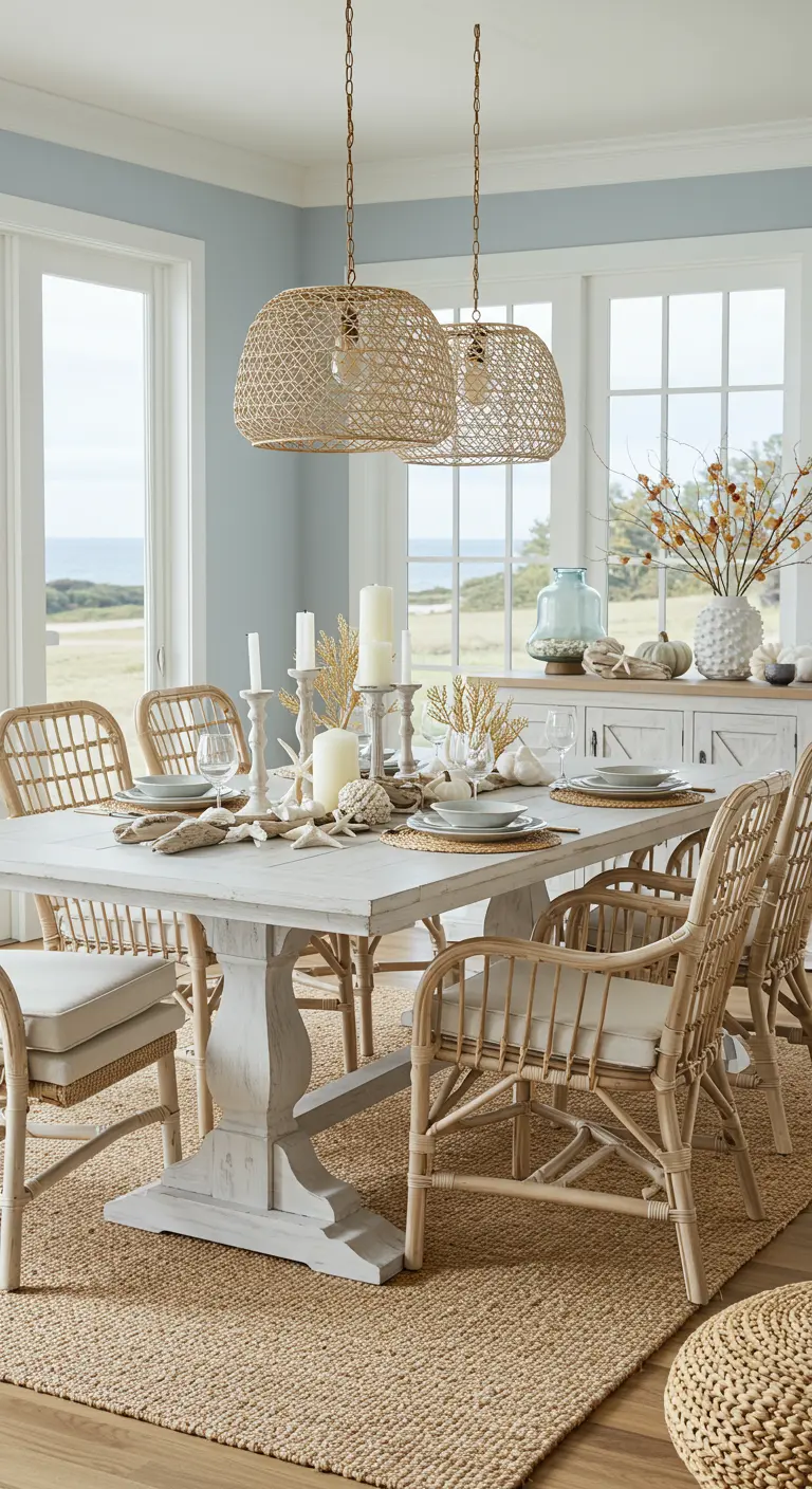 Table blanche patinée dans un décor côtier avec chaises en rotin, décorations marines et touches automnales.