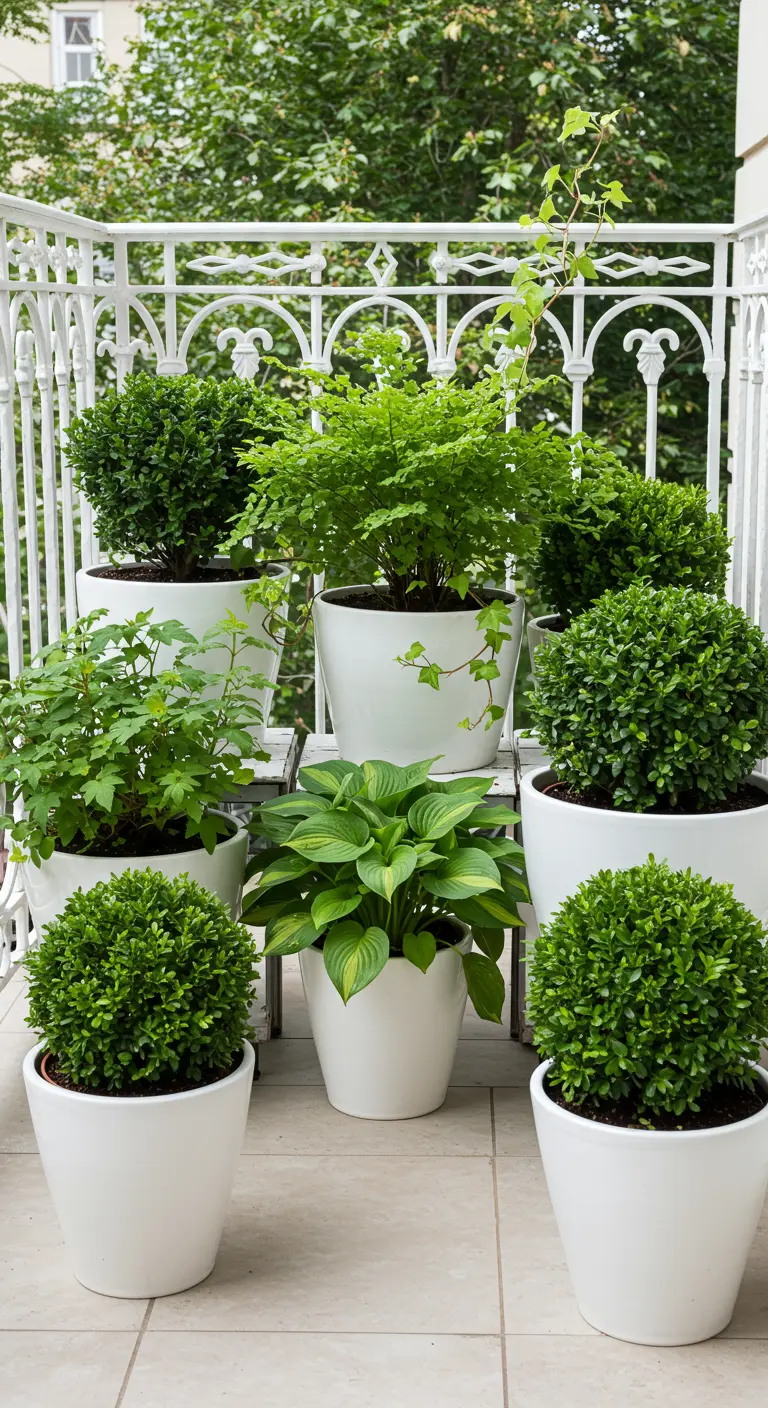 Balcon avec des pots blancs de différentes tailles et une variété de plantes vertes.