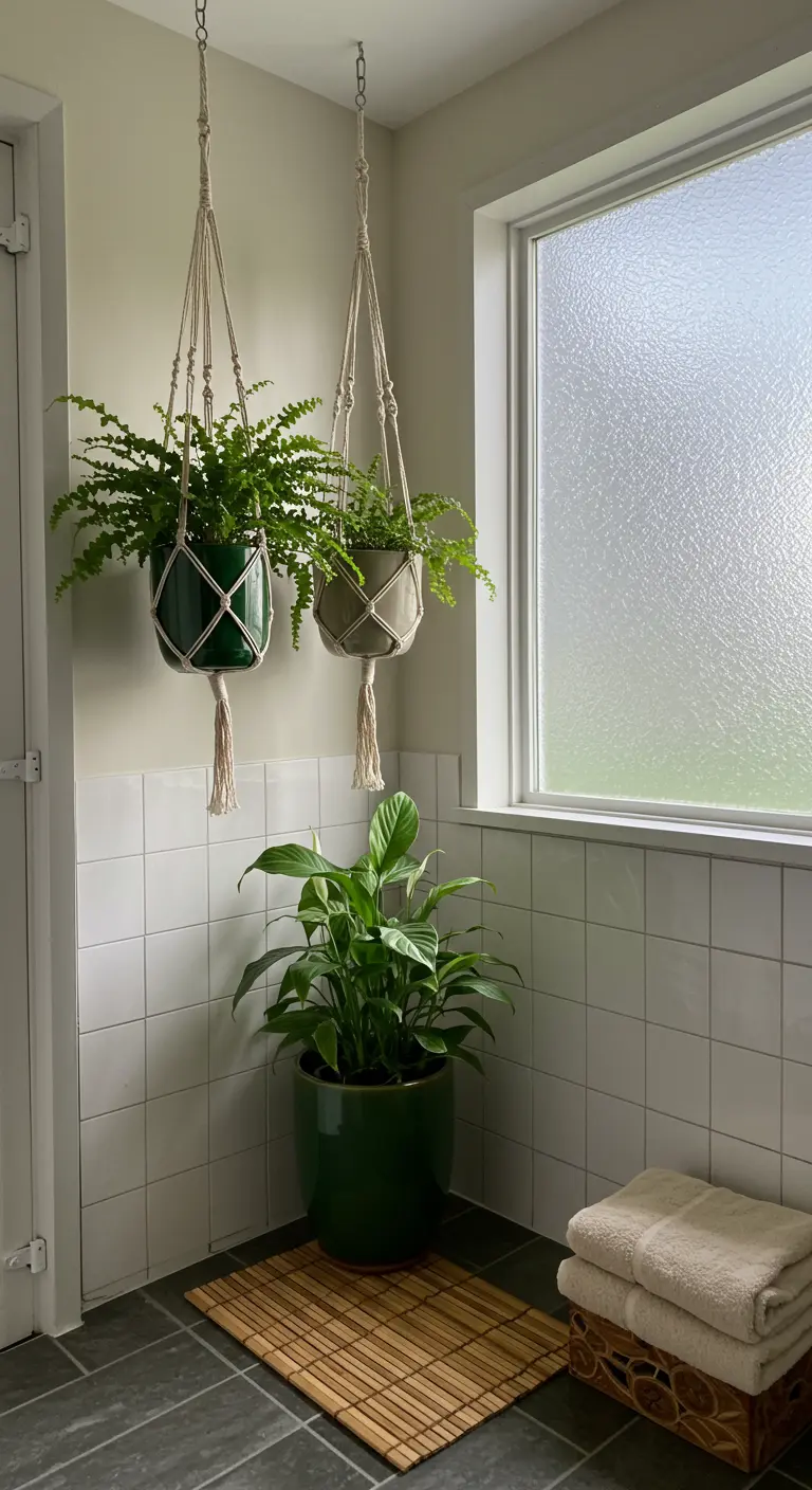 Deux fougères suspendues en pots verts dans une salle de bain lumineuse avec des carreaux blancs.