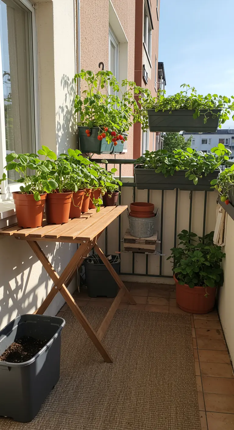 Balcon potager avec table en bois, fraisiers en pots et jardinières suspendues.