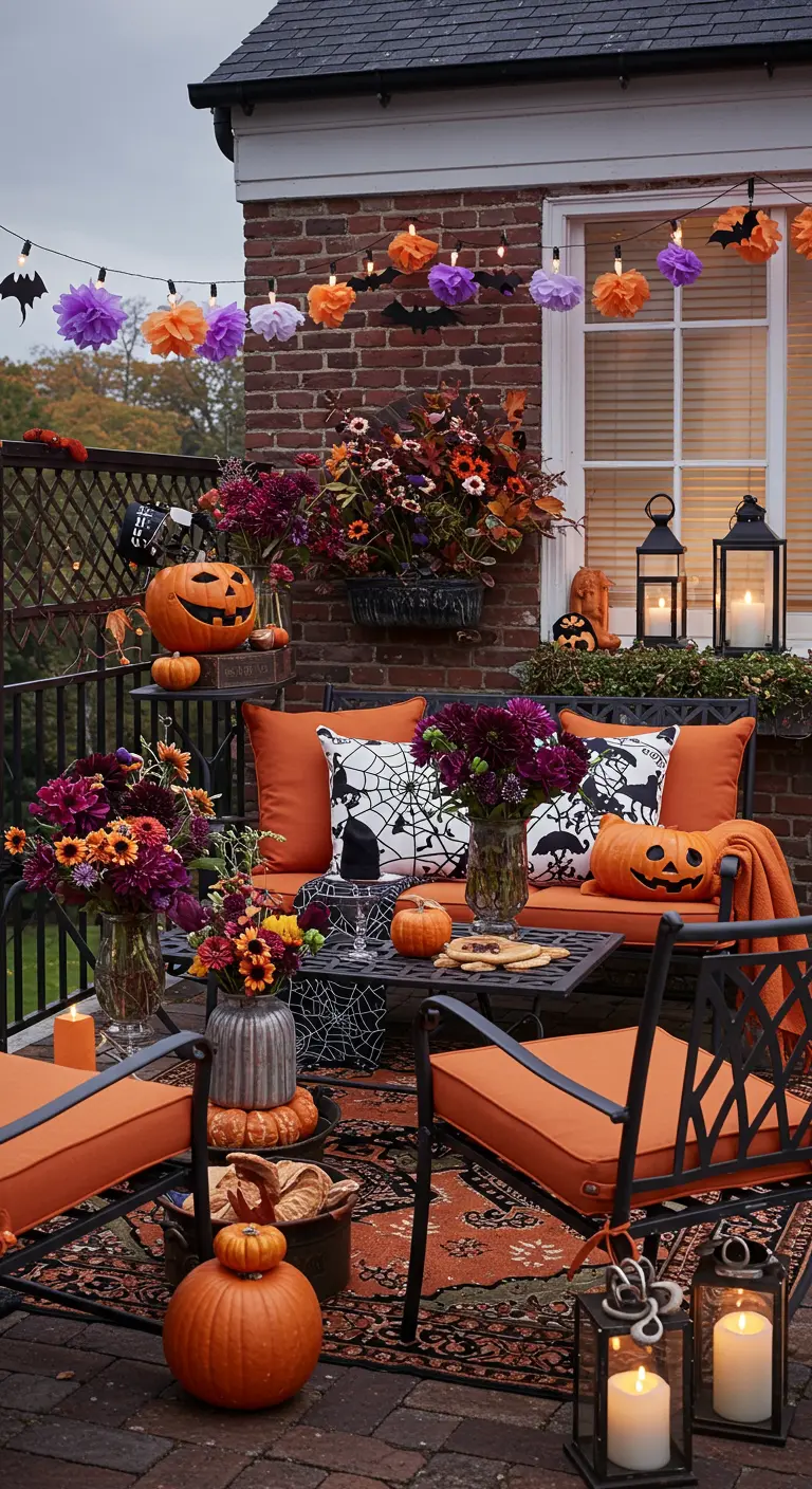 Balcon décoré pour Halloween avec citrouilles, coussins araignées, lanternes et guirlandes colorées.