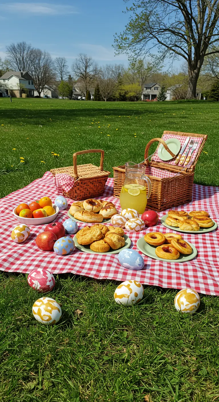 Pique-nique en plein air avec nappes à carreaux et œufs colorés et dorés.
