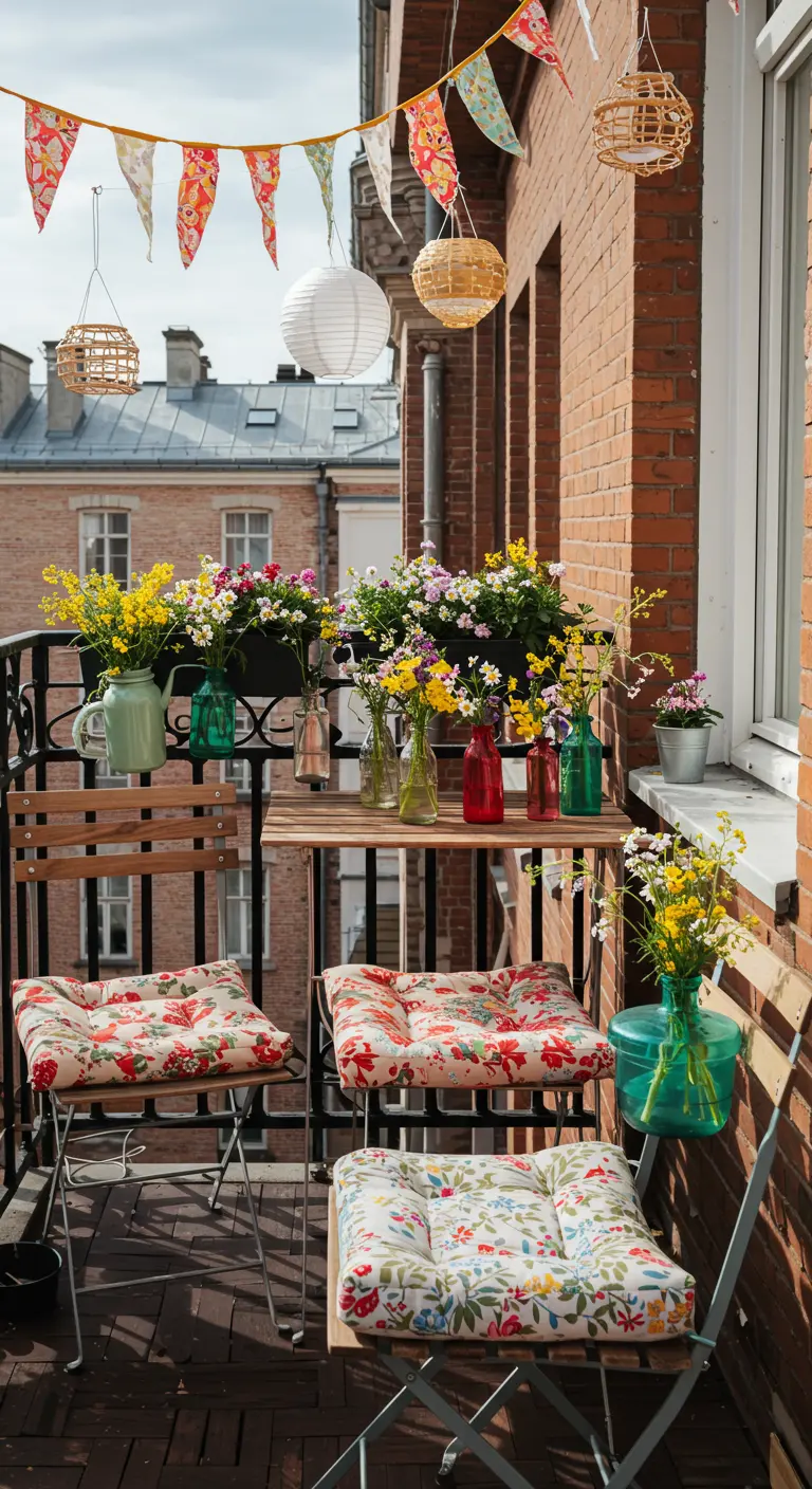 Petit balcon décoré de guirlandes, lampions, jardinières et multiples vases colorés avec des fleurs.