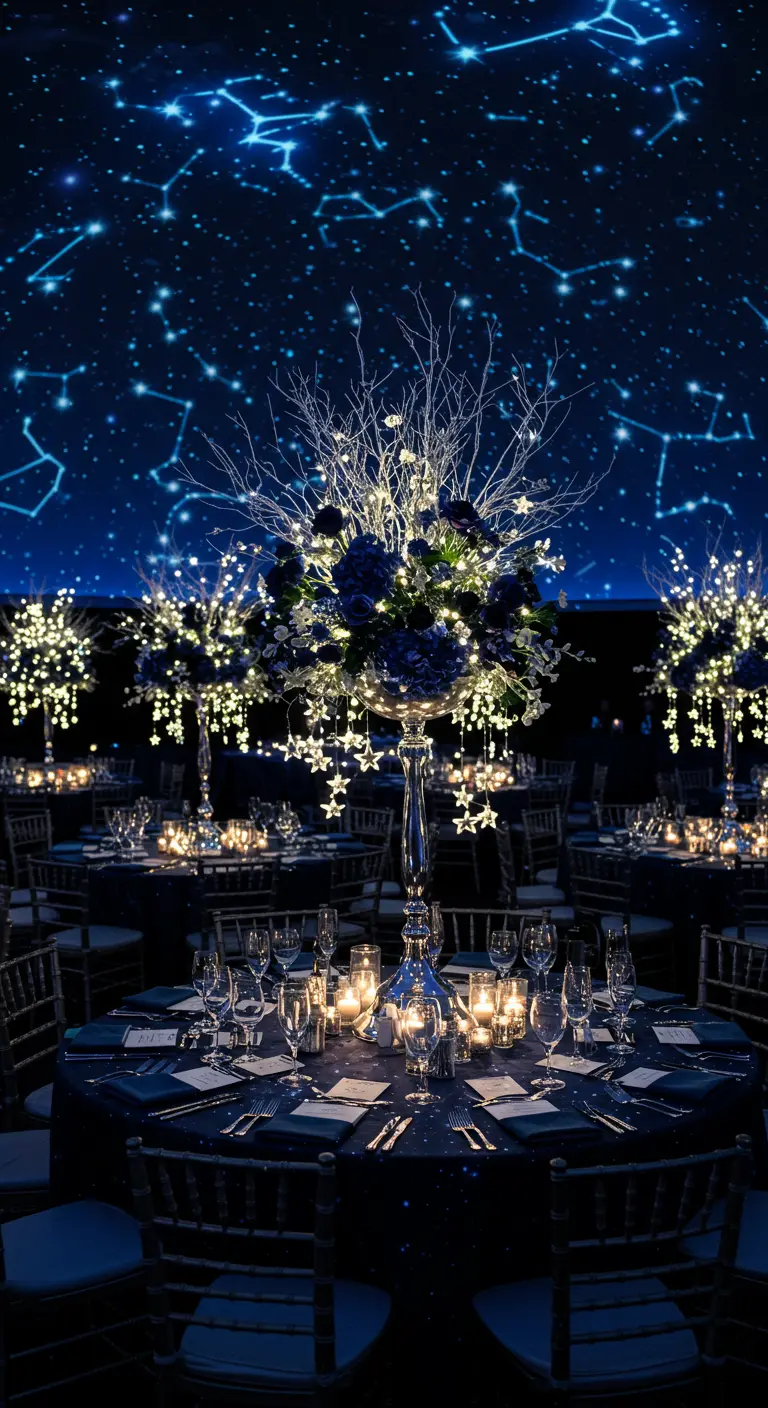 Salle de réception avec plafond étoilé, tables rondes bleues et centres de table lumineux de fleurs bleues et branches.