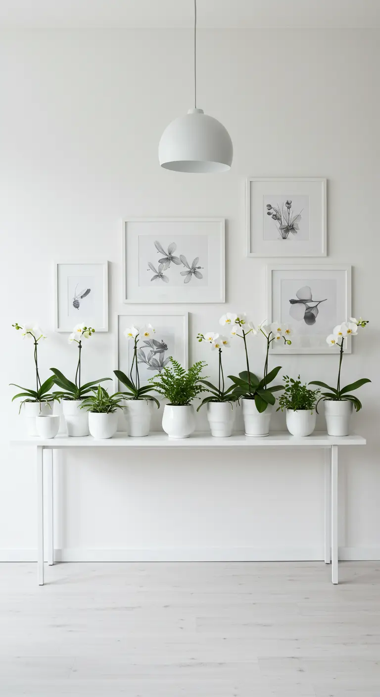 Orchidées et plantes vertes dans des pots blancs sur une console blanche, avec cadres muraux botaniques.