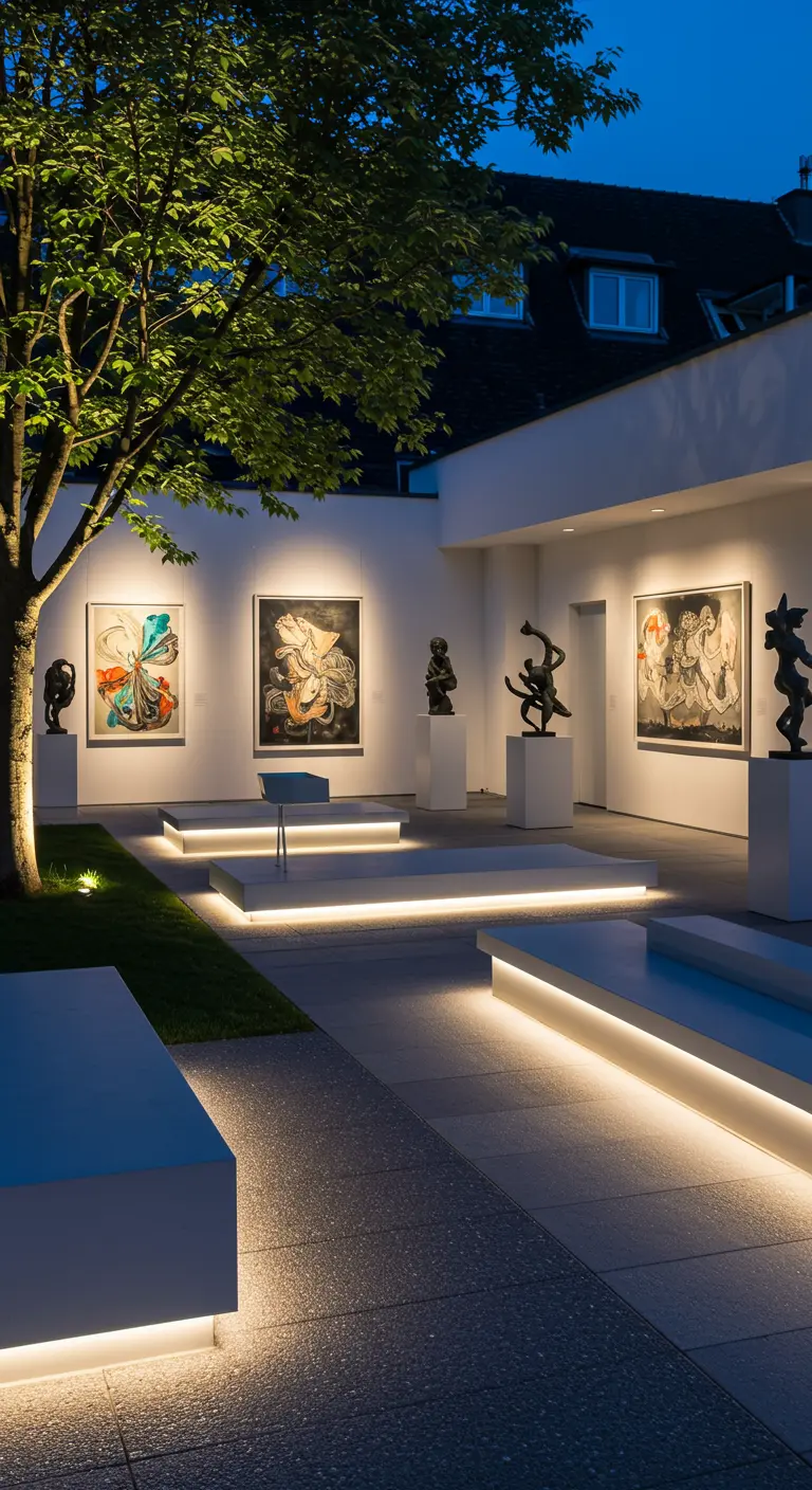 Cour moderne transformée en galerie d'art extérieure avec éclairage LED intégré et sculptures.