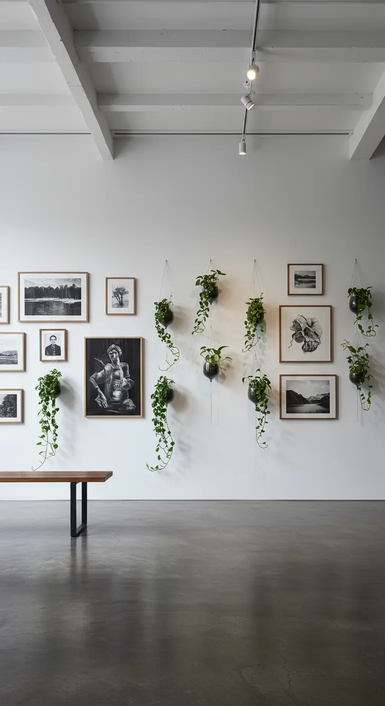 Tableaux encadrés et plantes retombantes en pots de verre suspendus sur un mur blanc dans une galerie.