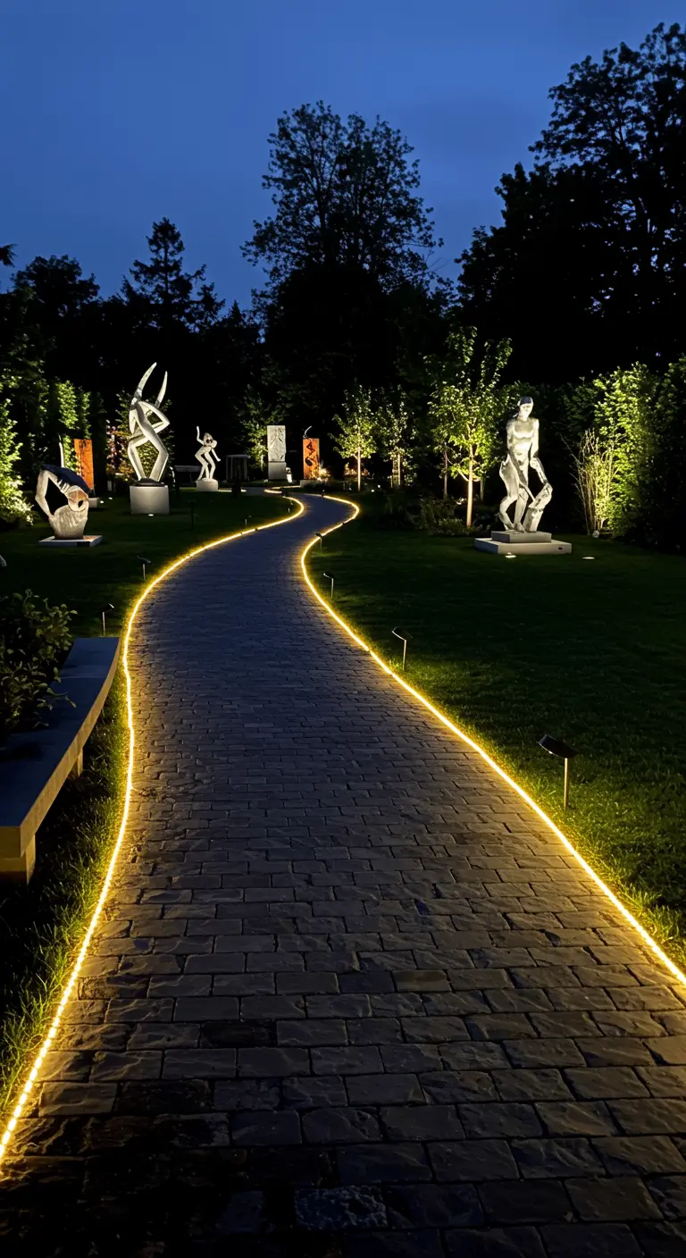 Chemin pavé sinueux dans un jardin de sculptures, éclairé par un ruban LED le long du bord.