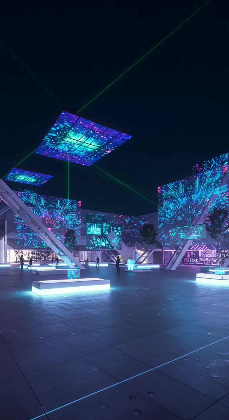 Espace événementiel urbain moderne la nuit avec des projections vidéo colorées sur les murs et des dalles lumineuses au plafond.