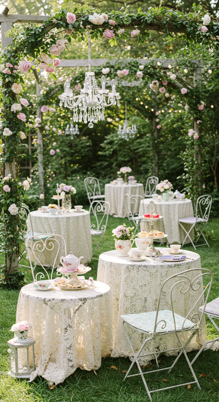 Garden party romantique avec tables rondes en dentelle, chaises en fer, arches de roses et lustres.