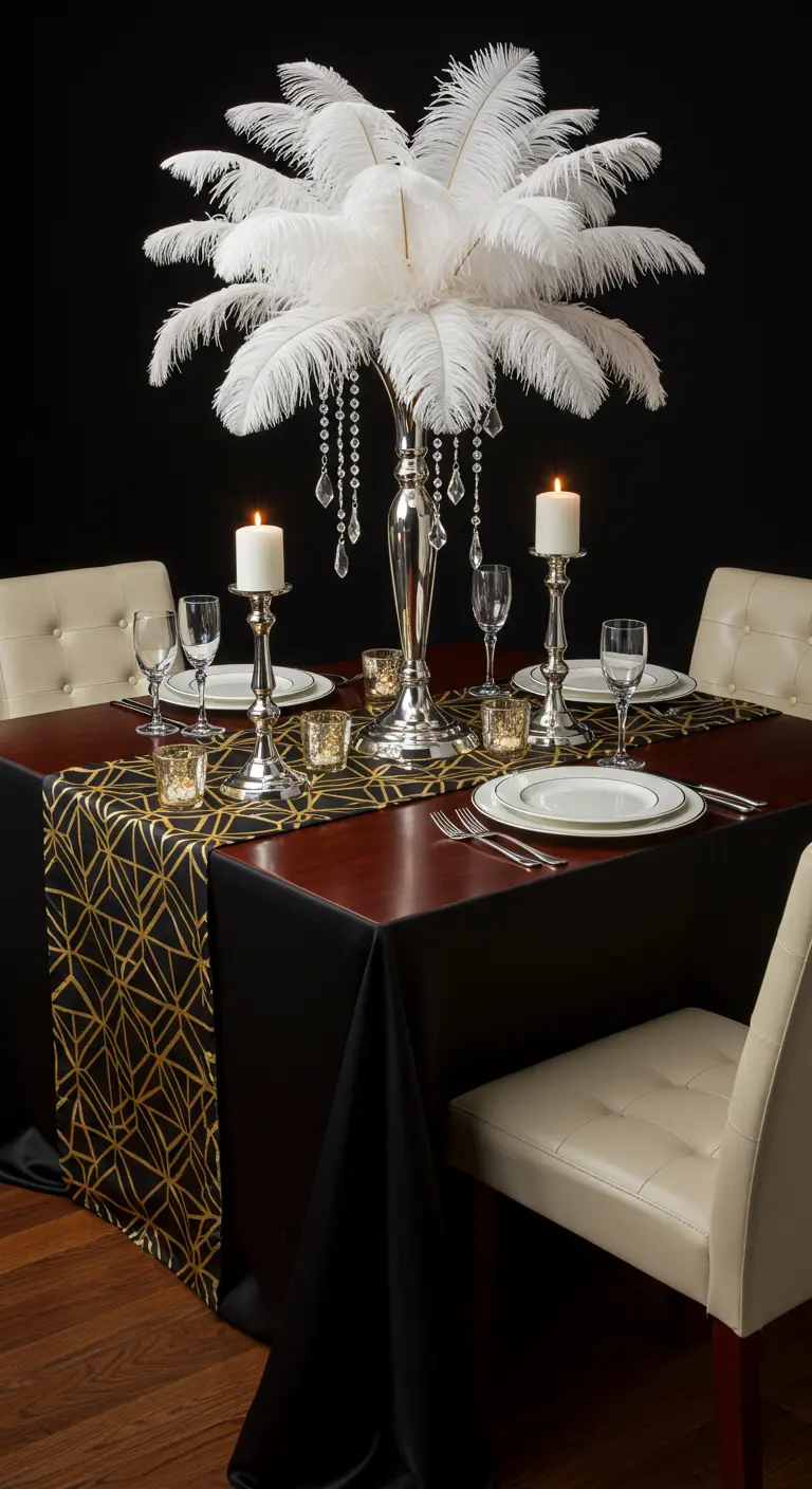Table Art Déco noire et or avec centre de table en plumes blanches et chandeliers argentés.