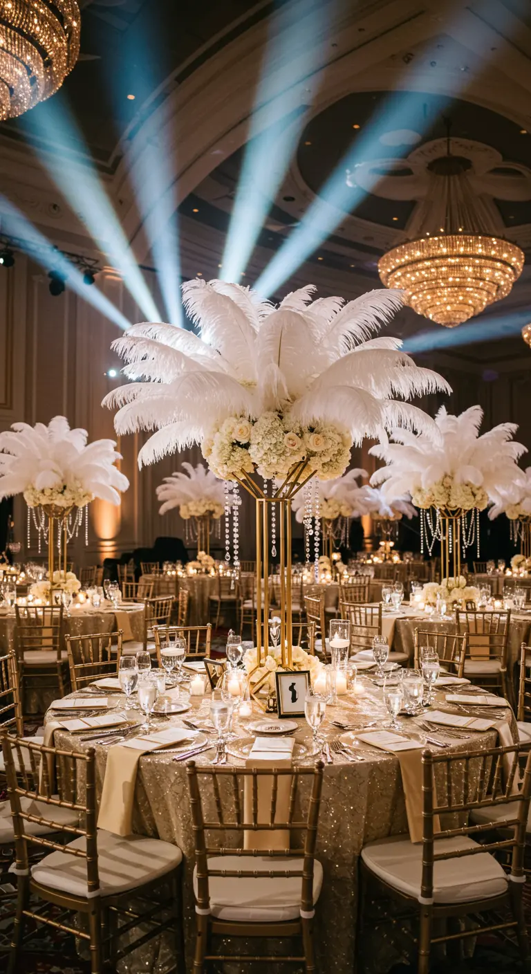 Grande salle de réception avec tables rondes dorées, centres de table de plumes blanches, fleurs et cristaux sur supports dorés.