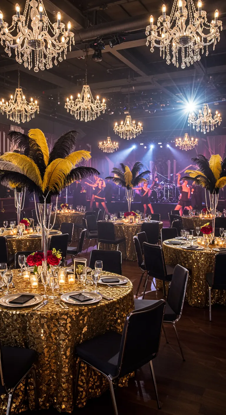 Salle de réception glamour avec nappes à paillettes or, plumes, lustres en cristal, scène.