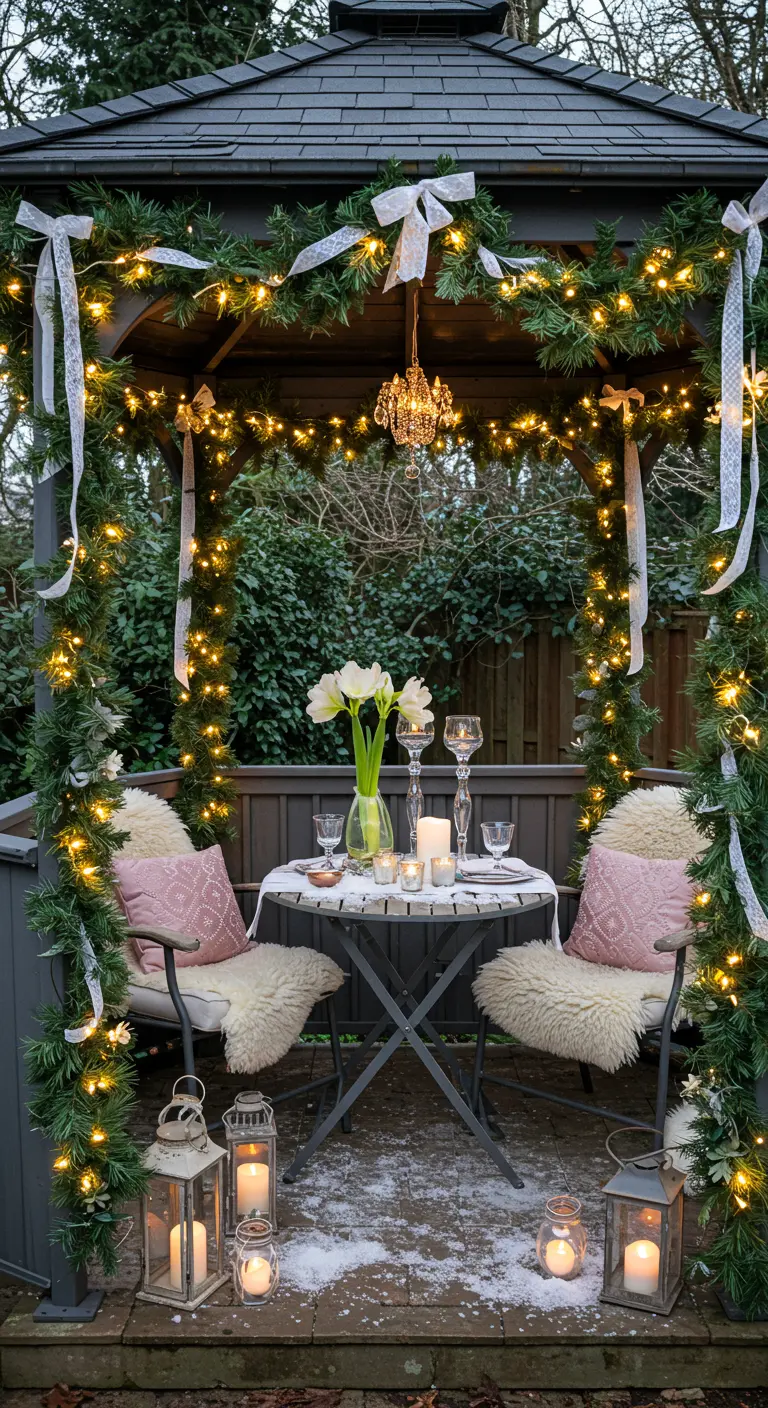 Gazebo décoré de guirlandes lumineuses, rubans blancs et petit ensemble bistro avec bougies.