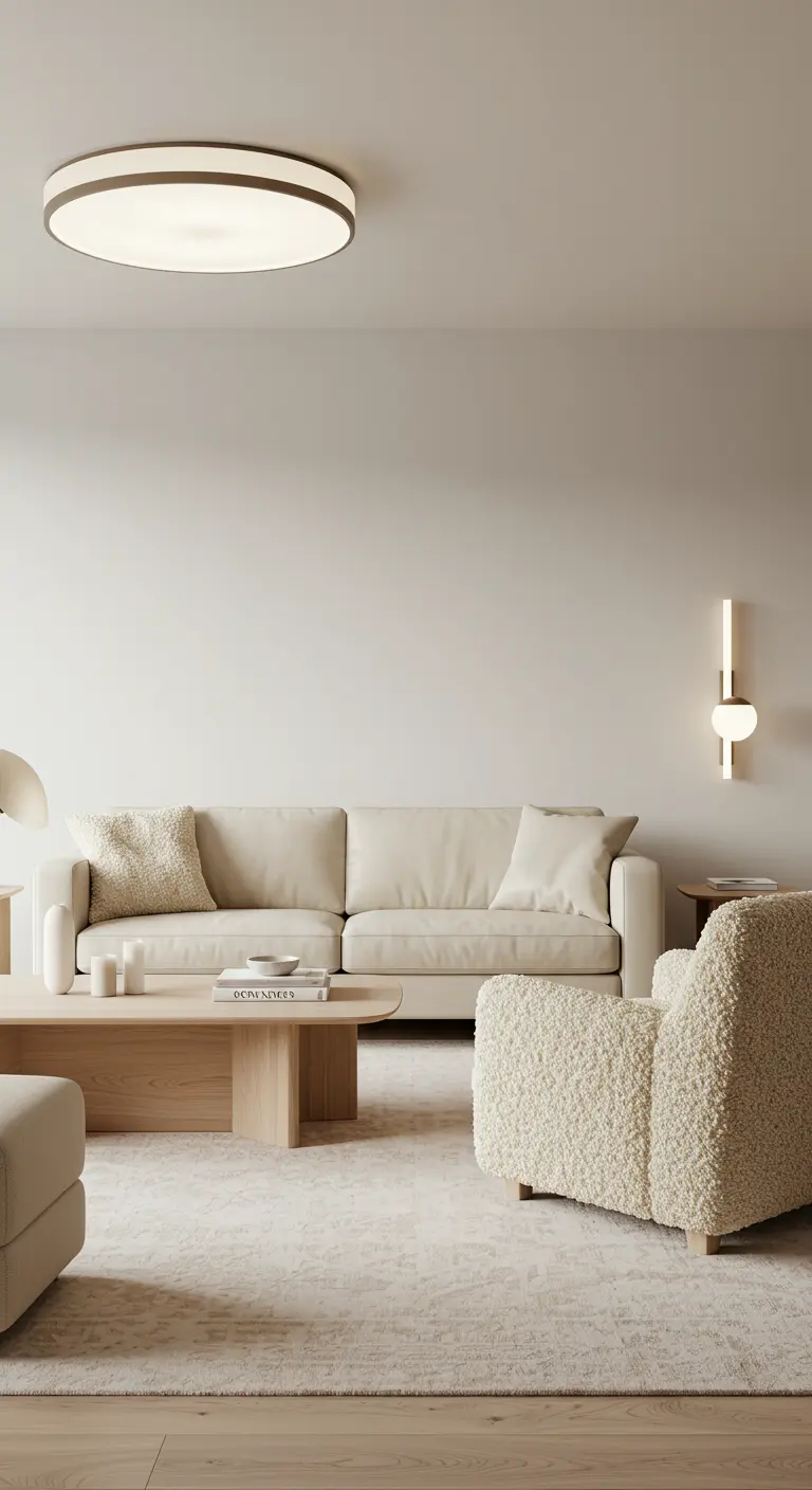 Salon moderne, canapé crème, fauteuil bouclette, table basse ronde bois, plafonnier circulaire.