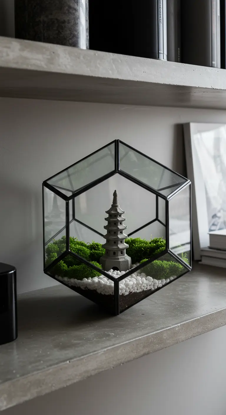 Terrarium géométrique noir et verre, avec pagode miniature en pierre et lit de mousse verte et graviers blancs.